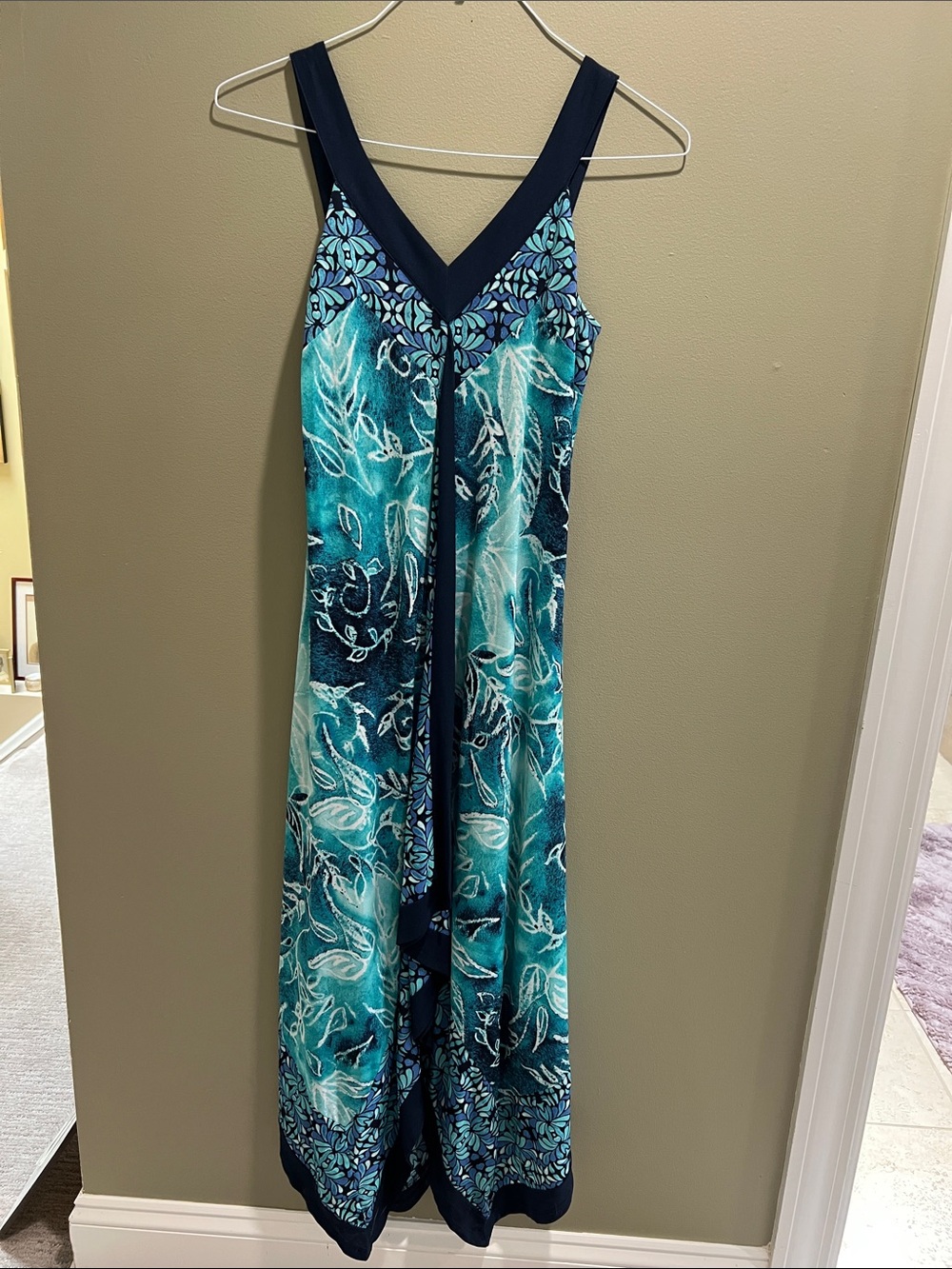 Style & Co. Teal and Navy V-Neck Printed Maxi Dress